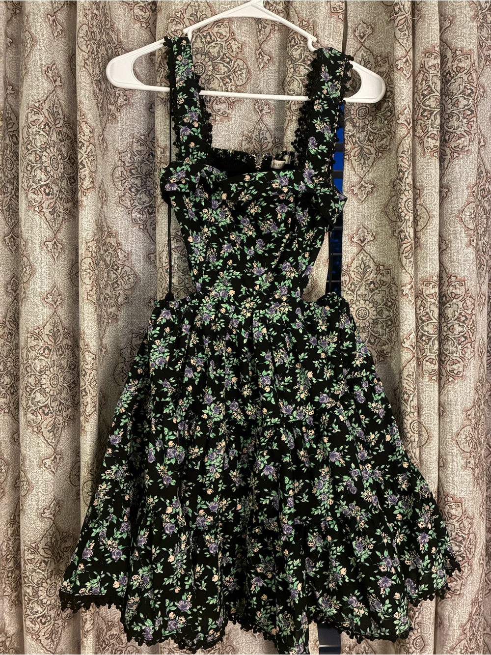 Black Floral Sundress with Green and Lavender Prints